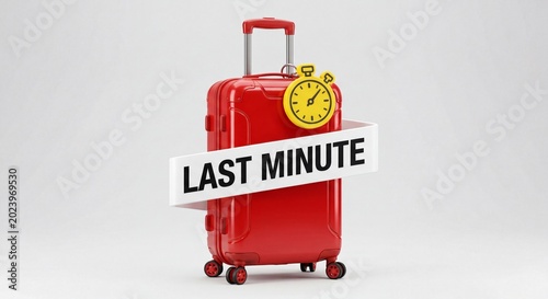 3D Glossy Red Suitcase with Stopwatch and Last Minute Text Banner