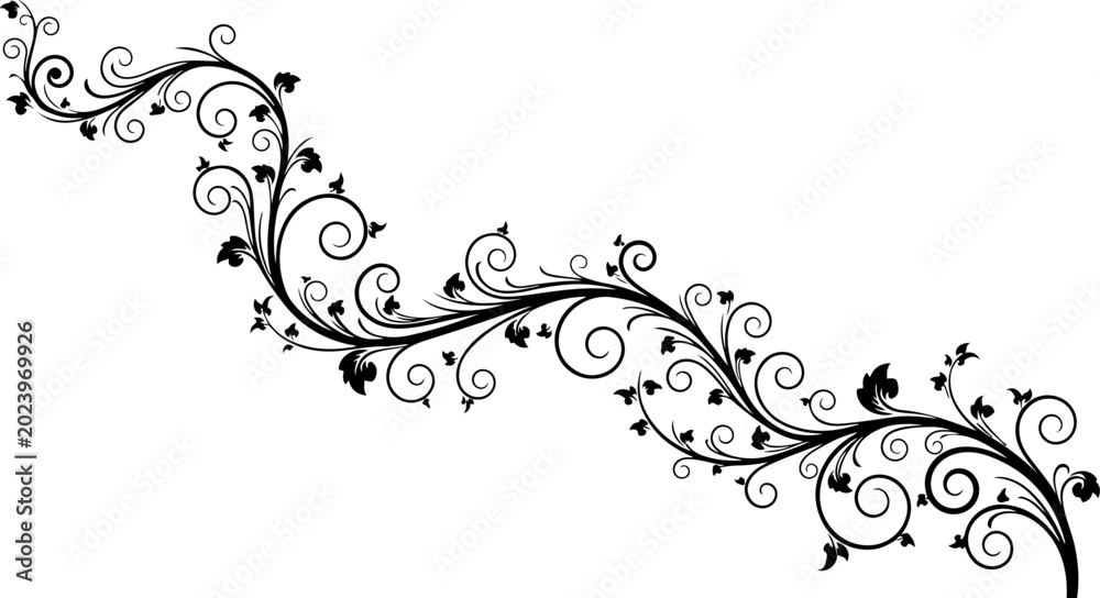 Fototapeta premium Black floral vine border, elegant swirling leaf design, vector illustration, decorative element, botanical pattern