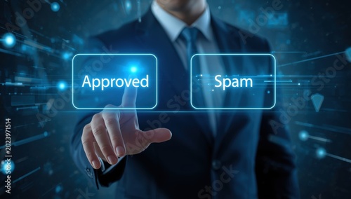 Futuristic interface showing approved emails and spam messages - communication and online concept.