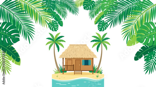 Photos A charming wooden tropical bungalow nestled on a sandy beach under palm trees