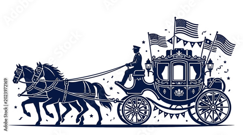 Photos A festive carriage pulled by two horses decorated with American flags