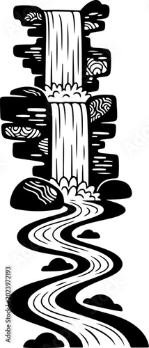Black and white waterfall, abstract river landscape, vector illustration, monochrome nature scene