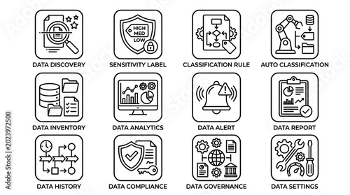 Set of data management and information governance icons.