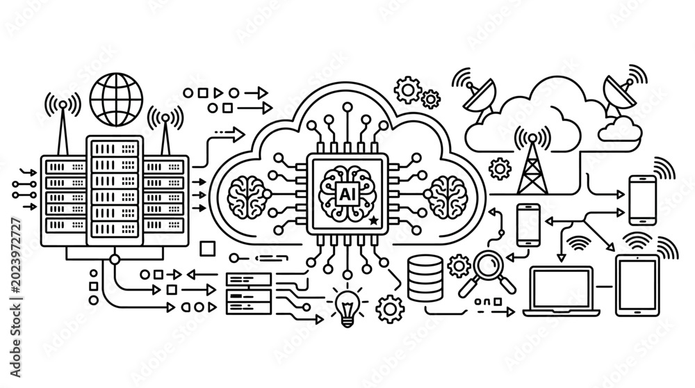 Fototapeta premium Artificial Intelligence Cloud Computing and Data Network Hand Drawn Illustration.