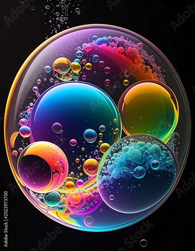 Vibrant colorful bubbles floating freely.