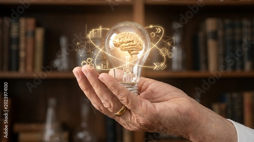 An elderly person holding a glowing light bulb containing a human brain surrounded by digital holographic business charts and gears against a blurred shelf filled with many old leather books