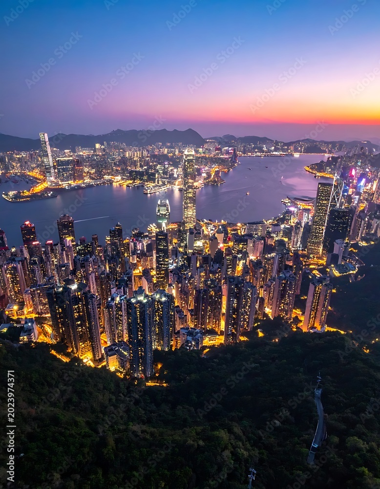 Naklejka premium Kowloon Hong Kong cityscape at dusk.