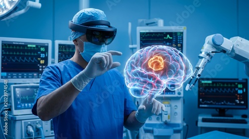 A surgeon wearing a virtual reality headset examines a glowing holographic image of a human brain with a tumor inside a modern operating room equipped with advanced robotic surgical
