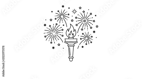 Foto Black and white line art illustration of a burning torch surrounded by celebratory fireworks