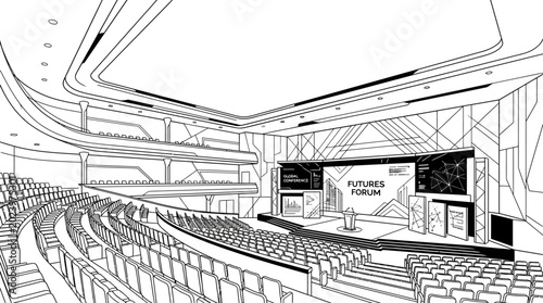 Foto Black and white line art illustration of a modern conference auditorium
