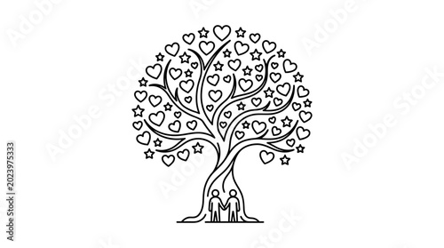 Tableau sur toile Black and white line art illustration of a tree of life with hearts and stars