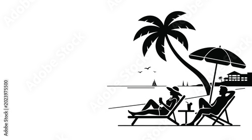 Canvastavla Black and white silhouette of a couple relaxing on beach chairs under a palm tree and umbrella