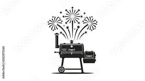 Fotografía Black and white vector illustration of a barbecue grill with fireworks