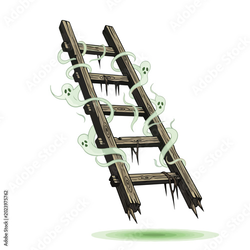 Creepy Ghosts Wrapped Around Wooden Ladder.