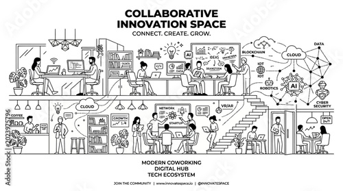 Bild auf Leinwand Collaborative Innovation Space Coworking Digital Hub Illustration
