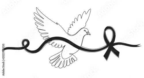 Tableau sur toile Dove of Peace with Black Ribbon Silhouette: Mourning, Sympathy, Loss, Condolence