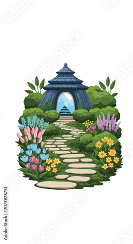 Fantasy Garden Pagoda with Pathway and Flowers.