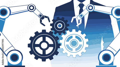 Valokuva Robotic arms and gears symbolizing automation and industrial processes, with a silhouette of a businessman in the background