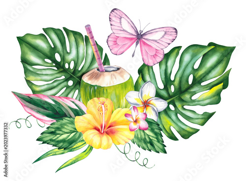 Tropical bouquet with coconut. Botanical bouquet of summer tropical plants and desserts for designing cards, invitations, and branding. Tropical plant