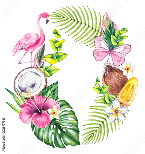 Tropical frame with flamingos and coconuts. Botanical wreath of summer tropical plants and birds for designing cards, invitations, and branding. Coconut. Flamingos.
