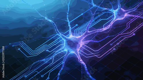 Obraz na płótnie Abstract visualization of interconnected neurons and digital circuits, representing artificial intelligence and neural networks