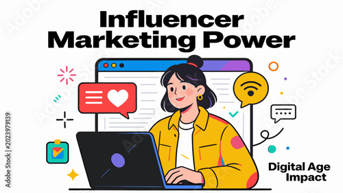 Konstfotografi An illustration showing a woman using a laptop with social media icons, representing the power of influencer marketing and its impact in the digital age