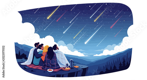 Family enjoys a meteor shower from a scenic mountain viewpoint.