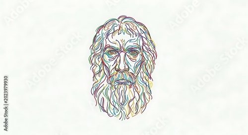 Colorful, abstract illustration depicts an elder's face. Portrait uses flowing lines in multiple hues. The background is white