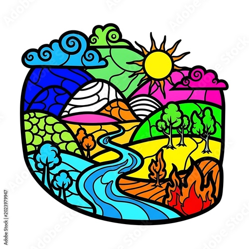 Colorful, abstract illustration depicts diverse landscapes, including mountains, a river, forests, and a fiery scene under a radiant sun