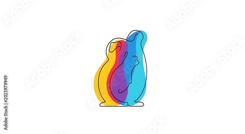 Colorful, abstract illustration depicts two stylized, blob-like figures outlined in black on a white background. Inside, vibrant hues blend