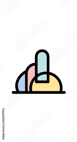 Colorful, abstract illustration with rounded shapes and lines, featuring pastel hues in a minimalist style, suggesting a building