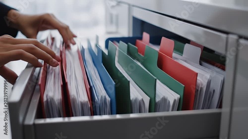 Close-up of hands organizing and searching for important documents in a multi-colored filing cabinet drawer within a professional office setting