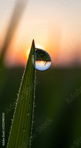 Close-up of dewdrop refracting a vibrant sunrise reflected inside it. Focus on blade's tip. Green and orange hues blend softly