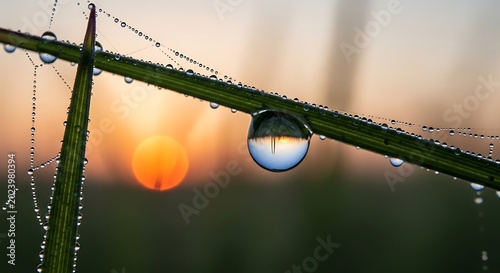 Close-up of dewdrops on a blade of grass, reflecting the sunrise, with soft bokeh background