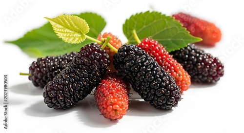 Close-up of fresh, ripe berries, featuring vibrant colors, healthy leaves, and textured surfaces against a clean white backdrop