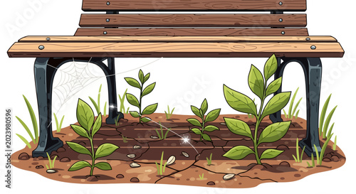 Wooden park bench with new plant growth underneath.