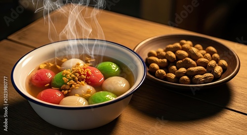 Steaming Hot Tangyuan Soup with Peanuts.