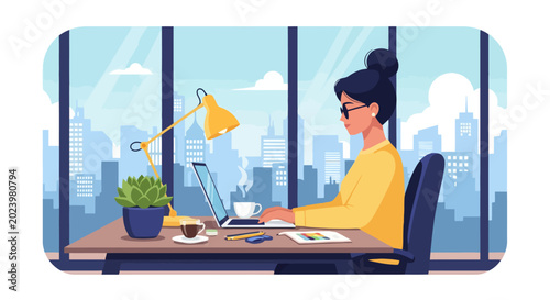 Young woman working on laptop in modern office setting.