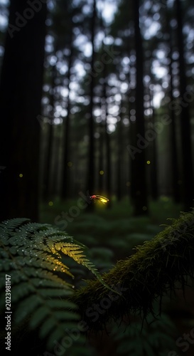 Close-up of lush green ferns with water droplets in a dark forest lit with a soft glow, as fireflies light up the air