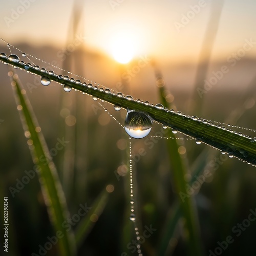 Close-up of morning dew on a blade of grass with a blurred sunrise in the background. Focus on water droplets