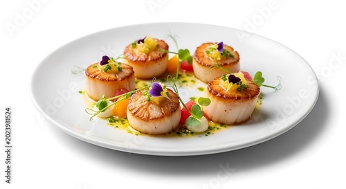 Close-up of pan-seared scallops plated with delicate garnishes on a white ceramic plate, isolated on a white background