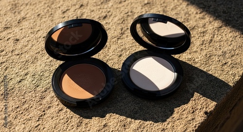 Two Compacts of Makeup Powder on Textured Surface.