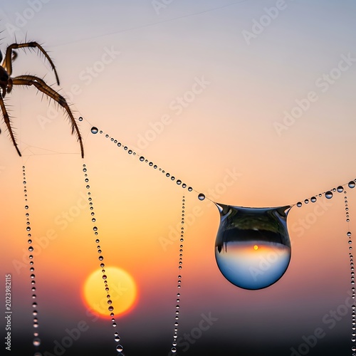 Close-up of spider web with morning dew. The sun reflects in a water droplet on the web with a spider present