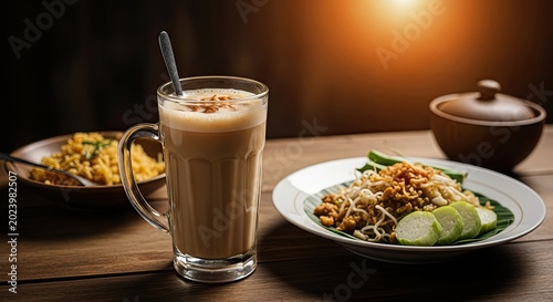 A Refreshing Beverage and Delicious Meal on a Wooden Table.