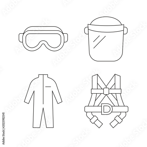 Fotografia Safety industrial equipment icons featuring eye goggles, protective face shield, coverall and harness