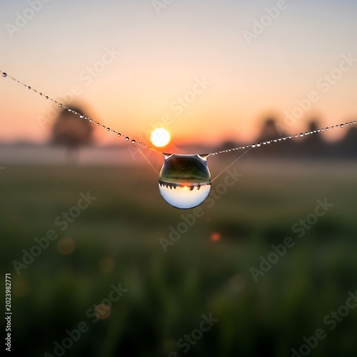 Close-up photo showing a single water droplet suspended on a spiderweb, reflecting the sunrise over a hazy field