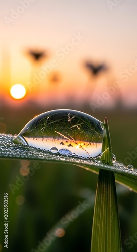 Close-up showcases a water droplet refracting the sunrise, perched on a green blade of grass, with blurred grasses and the sun in background