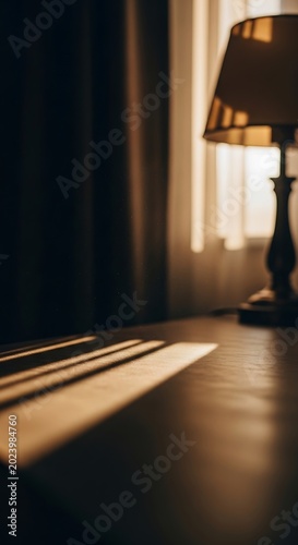 Close-up view of a lamp casting shadows on a wooden surface near a window with curtains. Soft, warm lighting is the key