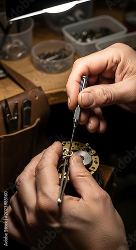 Close-up view of a watchmaker's hands meticulously working on a mechanical watch movement, holding tools