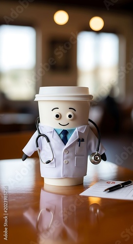 Coffee cup character dressed as a doctor, complete with stethoscope and medical coat, on a table. Includes paperwork